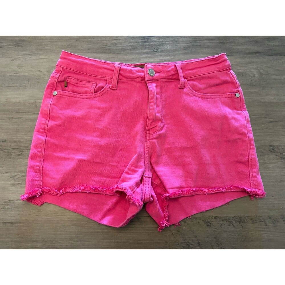 JUDY BLUE MID RISE HOT PINK RAW HEM BUTTON UP STRETCH SHORTS Size 28